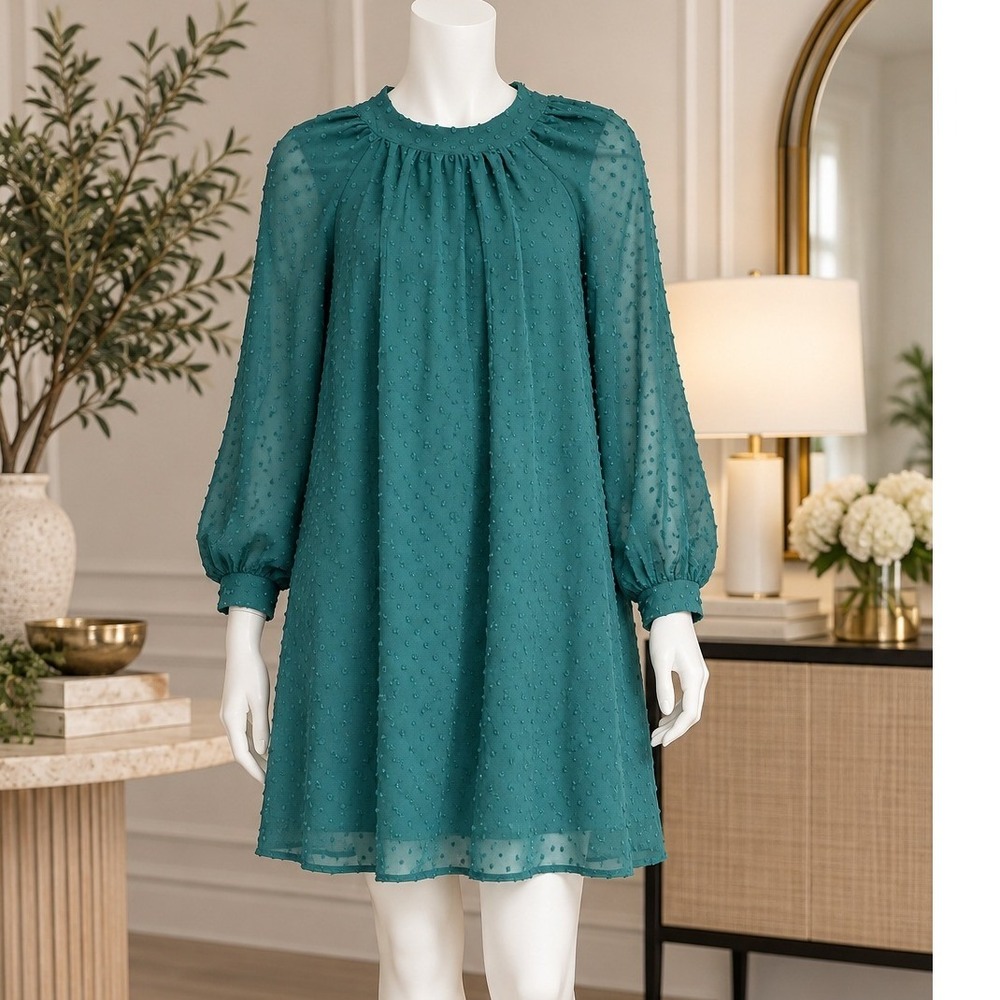 Lephsn Womens Dress Green Swiss Dot Long Sleeve Mock Neck Size Small